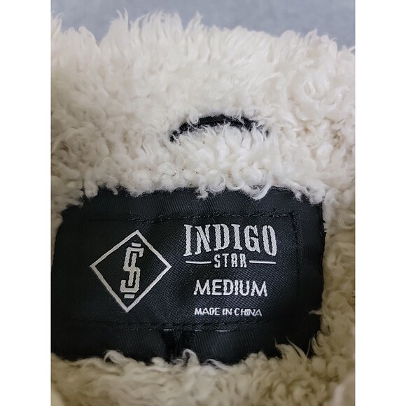 Indigo Star Jacket Mens M Black Sherpa Lined Button Pockets Heavy Trucker Waxed - Picture 2 of 13